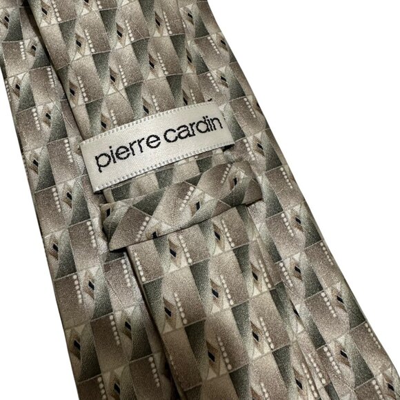 Pierre Cardin 100% Silk Taupe Sage Green Geometric Printed Necktie Tie‎ - Picture 3 of 4